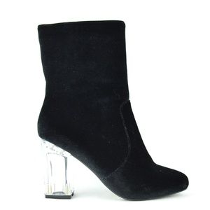 Women's Clear Chunky Heel Black Velvet Ankle Boot